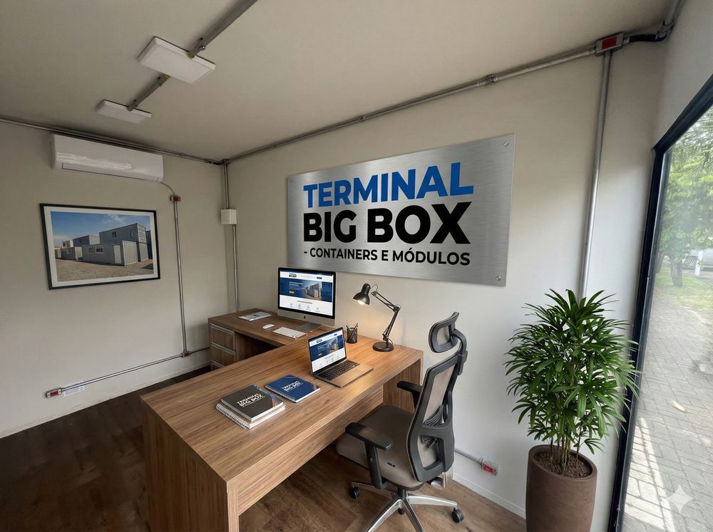 Interior de container escritório climatizado da Terminal BIG BOX, com estação de trabalho, ar-condicionado e identidade visual