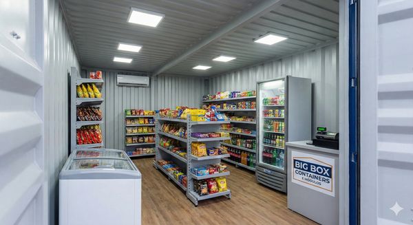 Interior de container loja de conveniência da Terminal BIG BOX, com prateleiras, refrigeradores e climatização